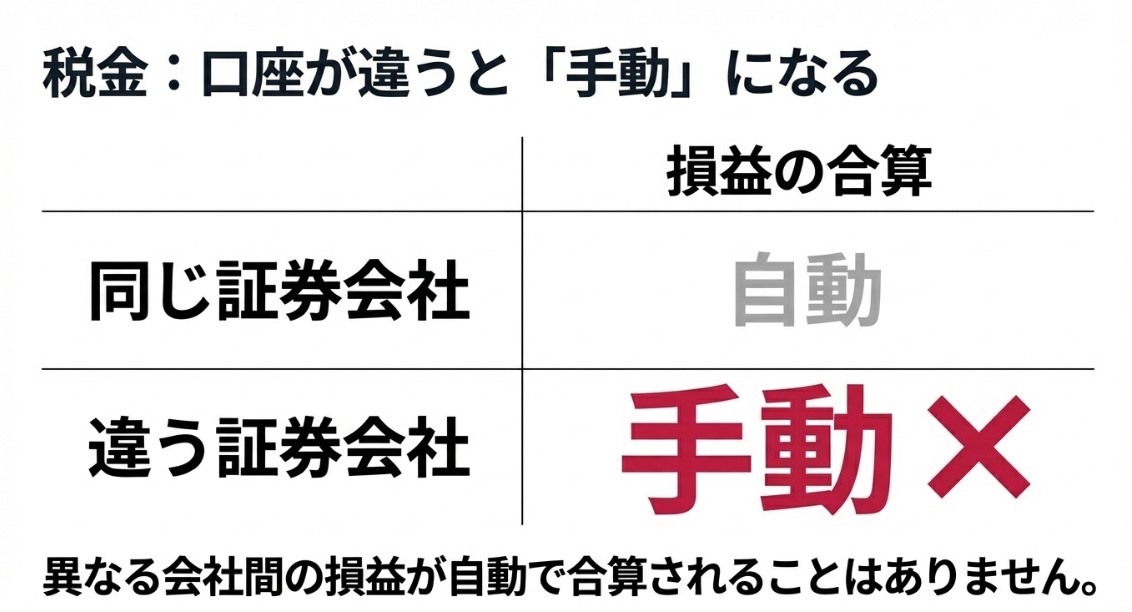 「手動×」という大きな文字と、異なる証券会社間では損益の合算が自動で行われないことを示す警告イメージ。
