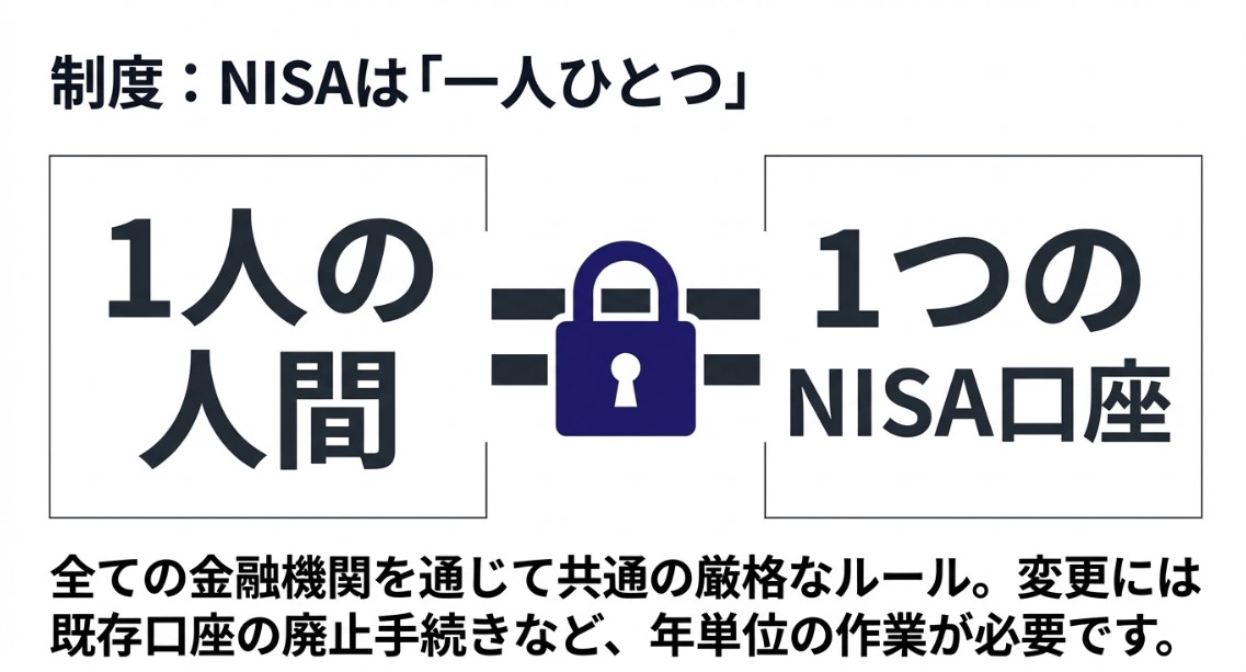 「1人の人間 ＝ 1つのNISA口座」というテキストと、鍵のアイコンで厳格なルールを表現した図解。