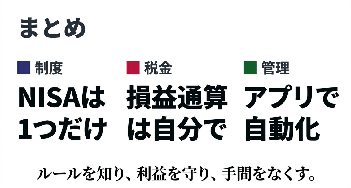 制度（NISAは1つ）、税金（損益通算は自分で）、管理（アプリで自動化）の3つのポイントをまとめたリスト形式のスライド。